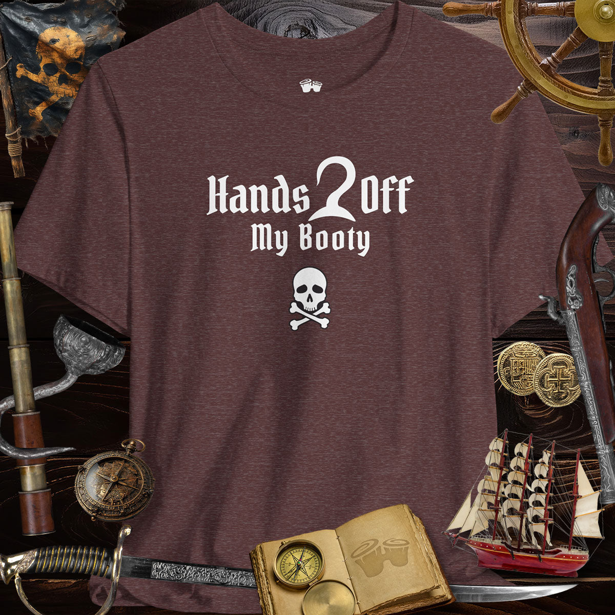 Hands Off My Booty Graphic Tee - Fun Unisex Pirate Tee with skull design on maroon background.