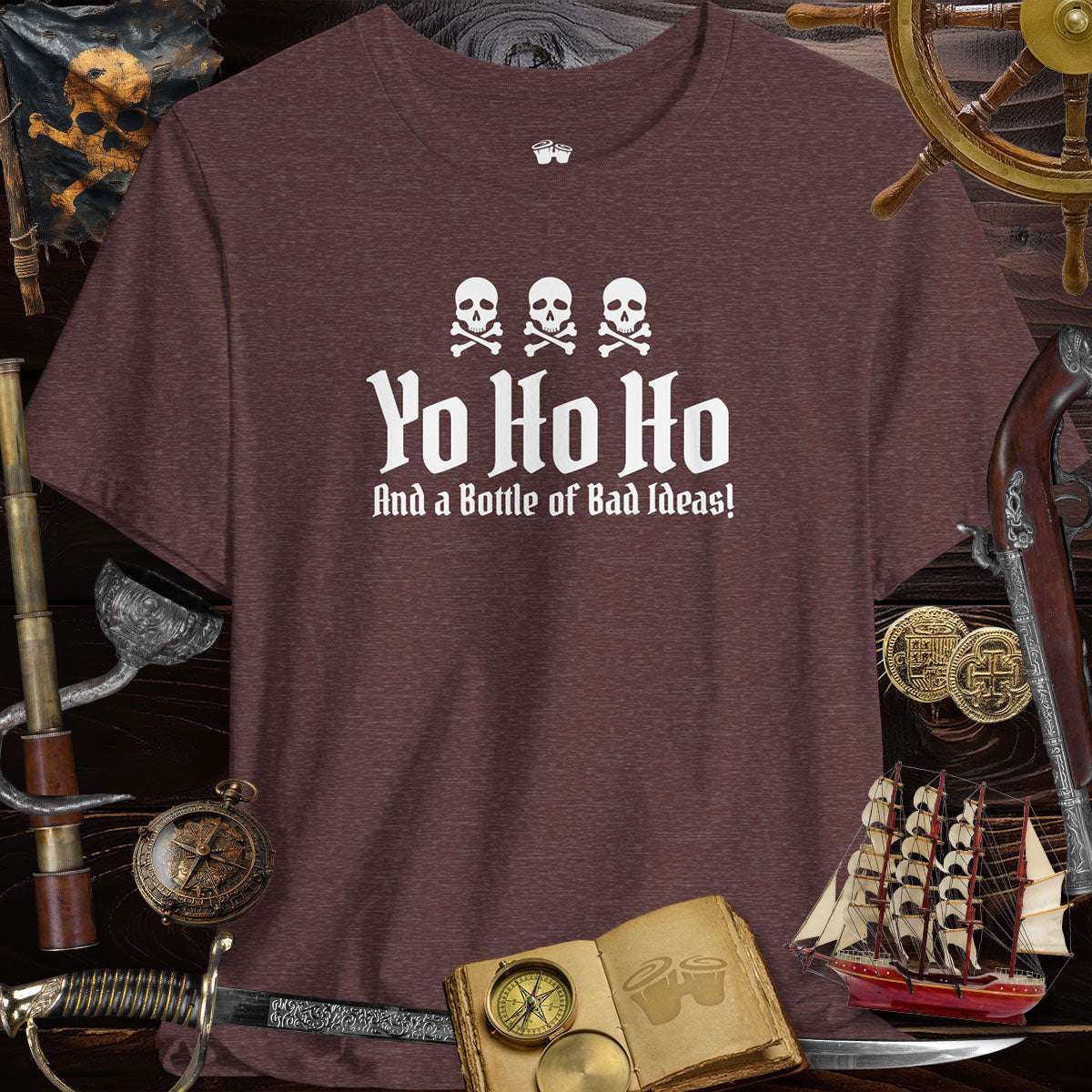 Yo Ho Ho And A Bottle Of Bad Ideas Skulls Graphic Tee for Pirate Lovers, perfect for casual and pirate-themed events.