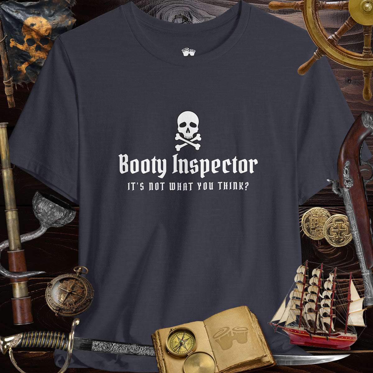 Booty Inspector Funny Pirate's Tee showing playful skull graphic, perfect for casual outings and nautical humor.