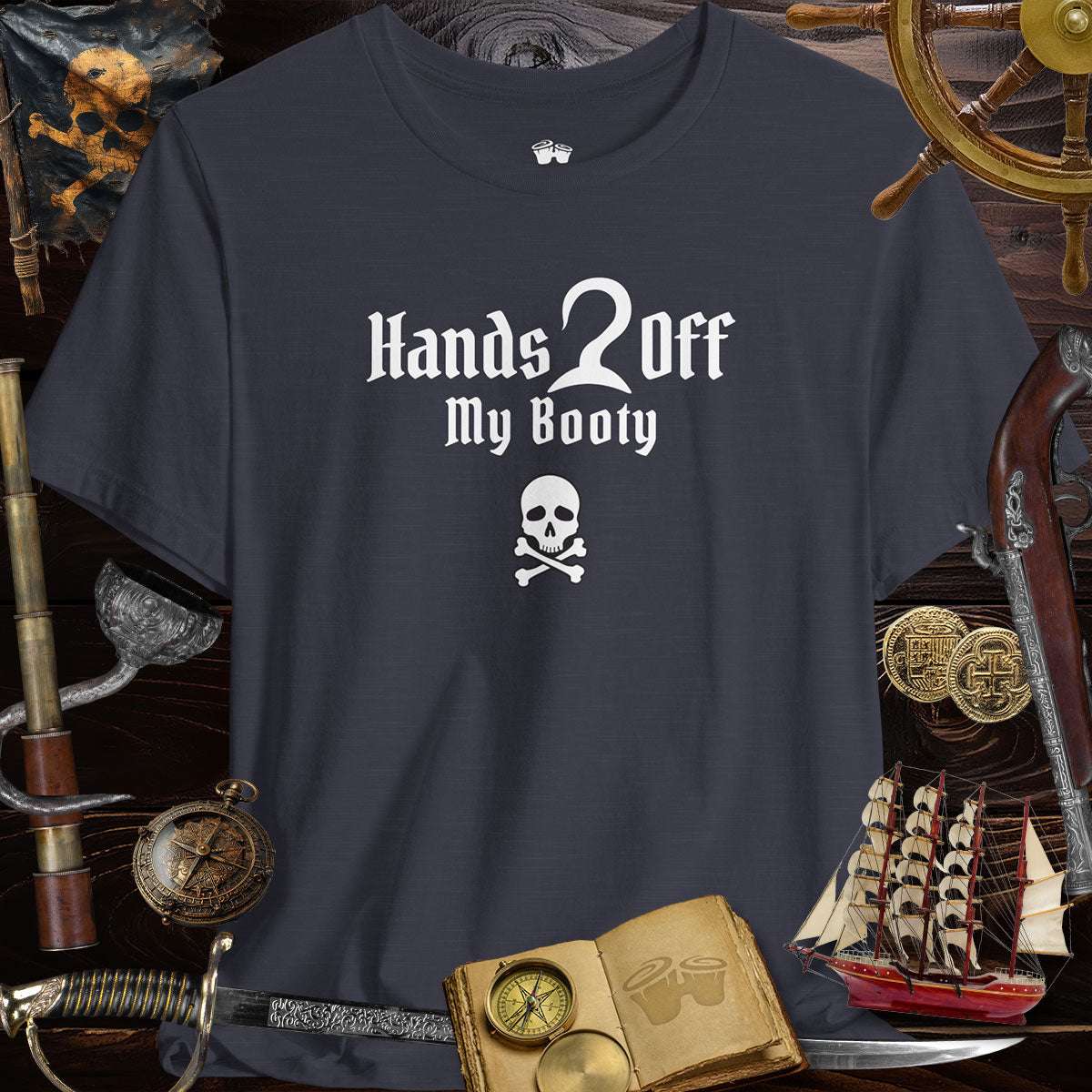 Hands Off My Booty Graphic Tee - Fun Unisex Pirate Tee with skull and crossbones, perfect for pirate-themed events.
