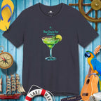 Navy blue t-shirt with a cocktail graphic and text on a decorative background with parrot, ship, and compass.
