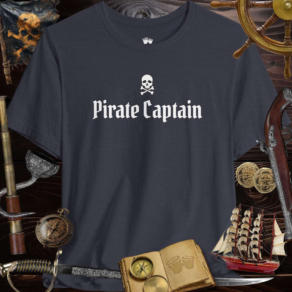 Pirate Captain Unisex 3001c Bella Canvas Tee on a rustic background with pirate accessories.