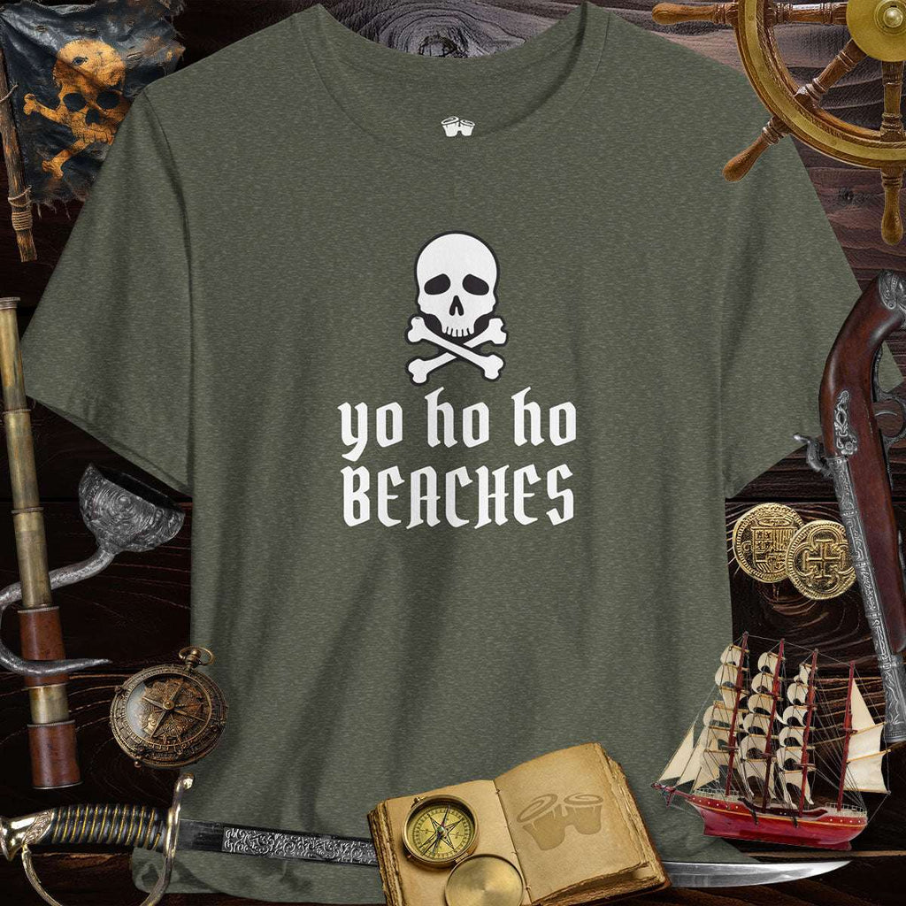 Yo Ho Ho Beaches Jolly Roger Pirate unisex tee with skull design, perfect for summer fun and casual outings.