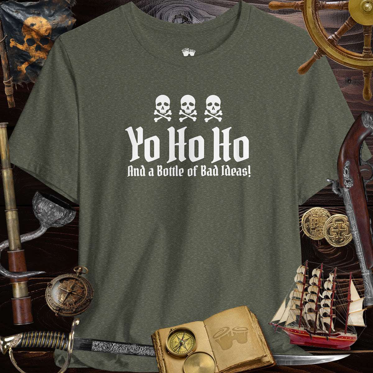 Yo Ho Ho And A Bottle Of Bad Ideas Skulls Graphic Tee for Pirate Lovers, perfect for casual wear and themed parties.
