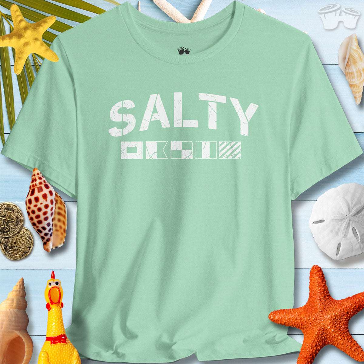Salty Coastal Vibes Bella Canvas T-Shirt with nautical flags, perfect for beach lovers and summer outings.