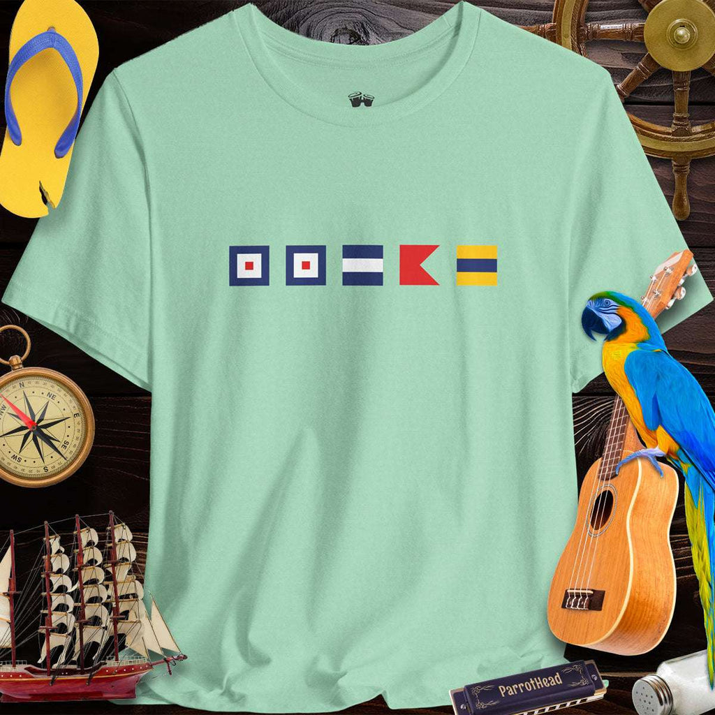 Colorful Nautical Signal Flags Tee featuring WWJBD, perfect gift for ParrotHead fans and beach lovers.