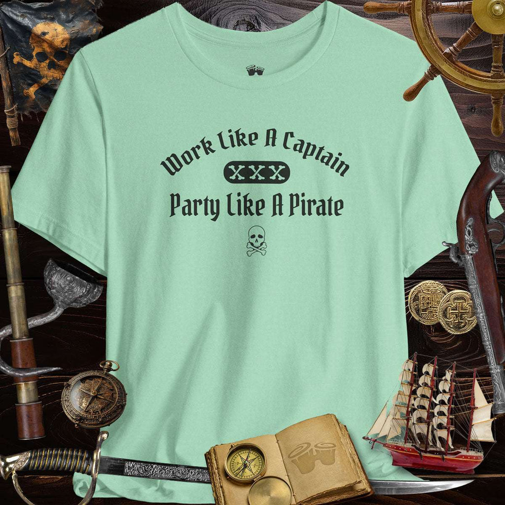 Pirate Party 3001c Bella Canvas Funny Pirate Saying T-Shirt in mint green, featuring 'Work Like A Captain, Party Like A Pirate' slogan.