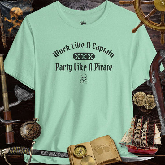Pirate Party 3001c Bella Canvas Funny Saying T-Shirt in mint green, featuring 'Work Like A Captain, Party Like A Pirate' slogan.