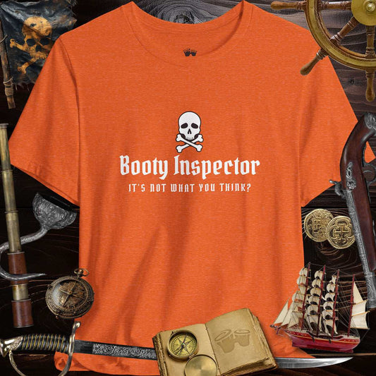 Booty Inspector Funny Pirate's Tee, orange shirt with skull and playful text, perfect for casual outings and humor lovers.