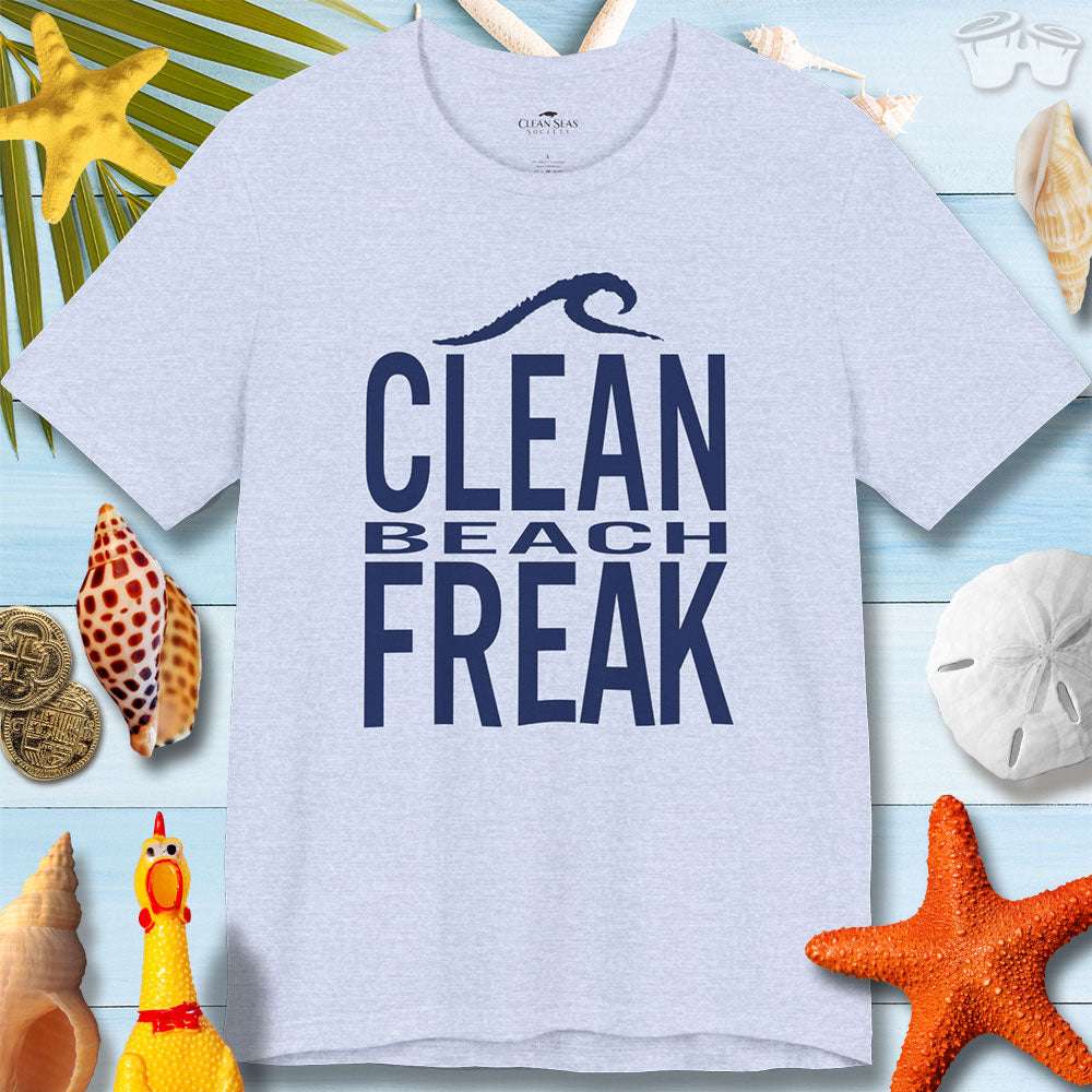 Clean Beach Freek unisex jersey tee on a beach-themed background, perfect for summer lovers and casual outings.