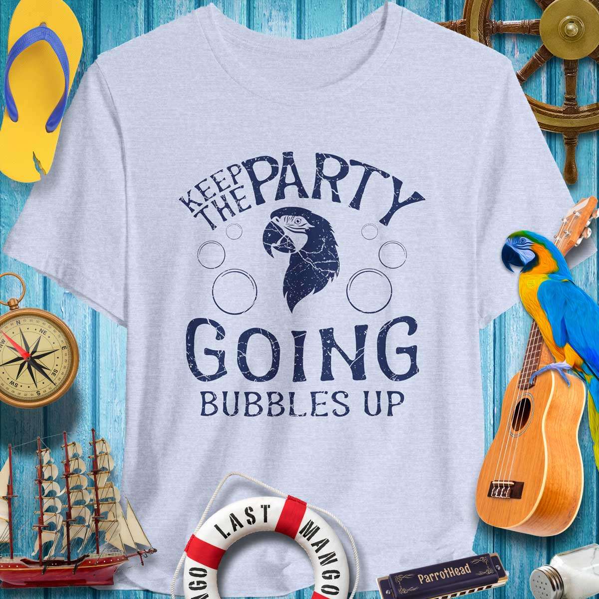 Keep The Party Going ParrotHead T-Shirt with vibrant design for music festivals and tropical gatherings.