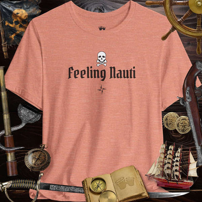 Feeling Nauti' Skull & Crossbone Unisex Pirate Tee on a textured background of pirate-themed items.
