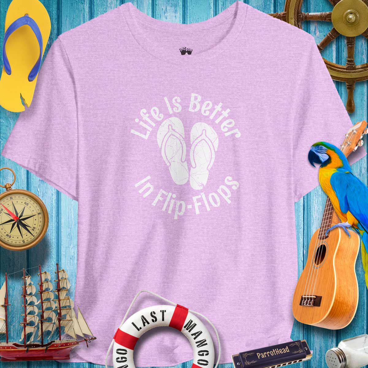 Unisex summer T-shirt with "Life Is Better In Flip-Flops" design, perfect for beach lovers and casual outings.