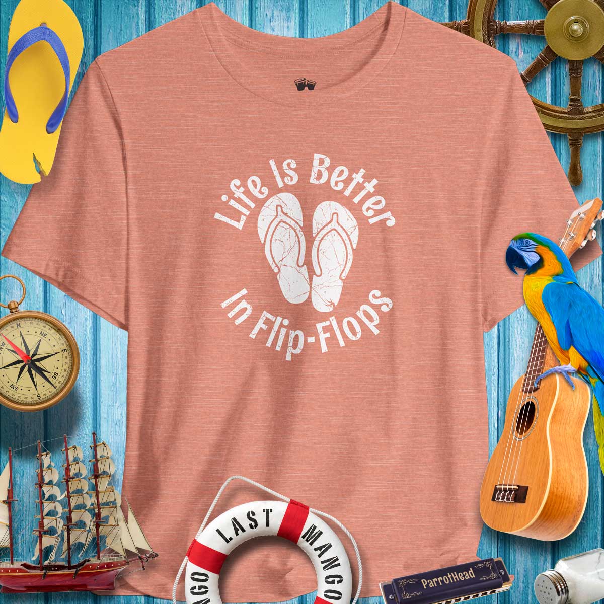 Life Is Better In Flip-Flops summer t-shirt with parrot and beach accessories, perfect for beach lovers.