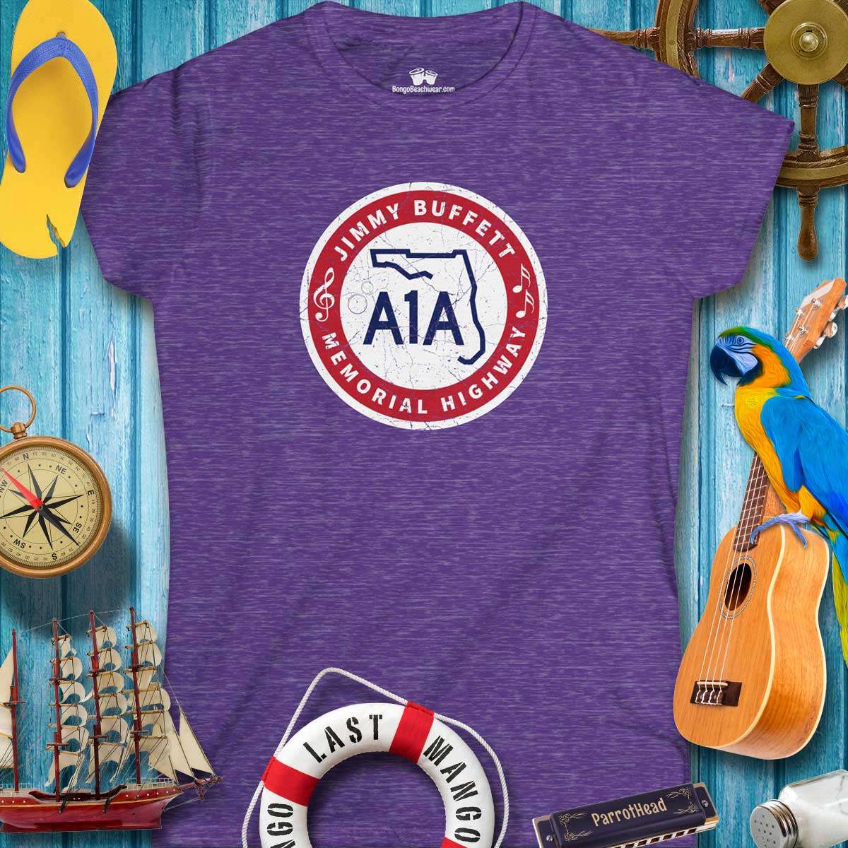 Women's Jimmy Buffett A1A Highway Sign Tee shirt in purple, perfect for summer beach outings and concerts.