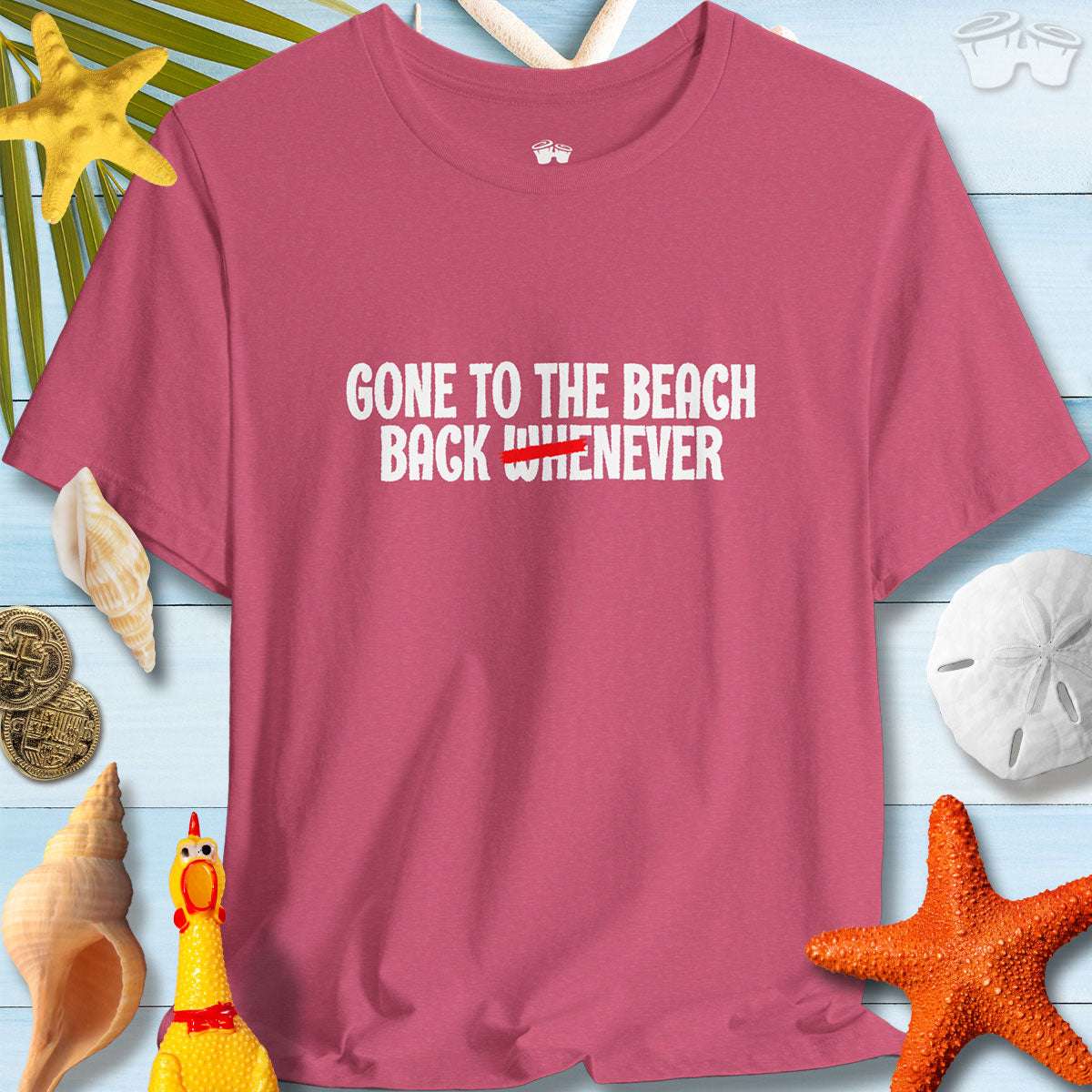 Beach Life Unisex Tee in pink with 'Gone to the Beach Back Whenever' text, perfect for casual summer vibes.