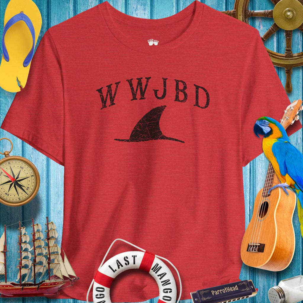 WWJBD Shark Fin Unisex Tee with beach theme decor, perfect casual wear for ParrotHeads enjoying a day by the shore.