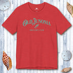 Red t-shirt with 'Old Junonia' text on a wooden surface with shells.