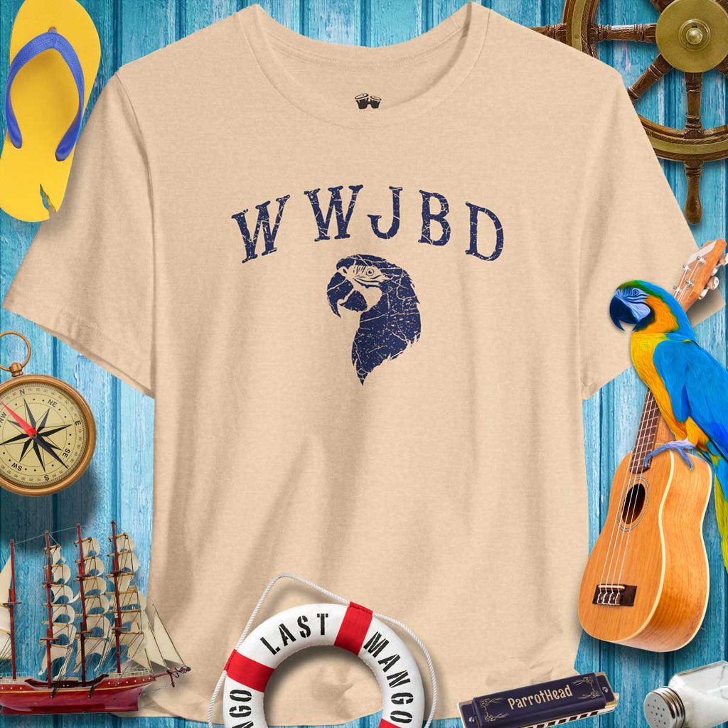 WWJBD ParrotHead T-Shirt on a vibrant beach-themed background, perfect for fans of Jimmy Buffet.