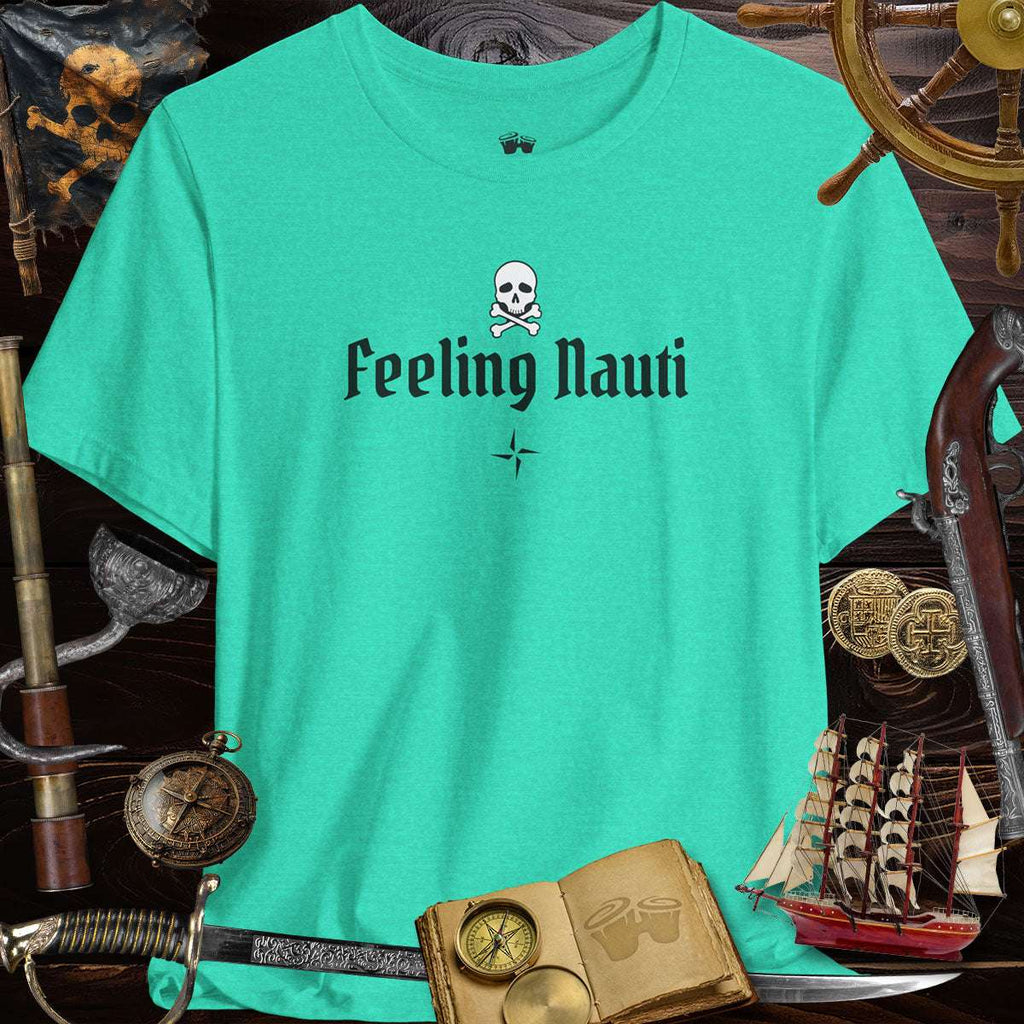 Feeling Nauti' Skull & Crossbone Unisex Pirate Tee in teal, perfect for relaxed casual style and outdoor adventures.