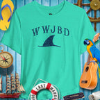 WWJBD Shark Fin Unisex Tee in teal, perfect for ParrotHeads and casual beach outings.