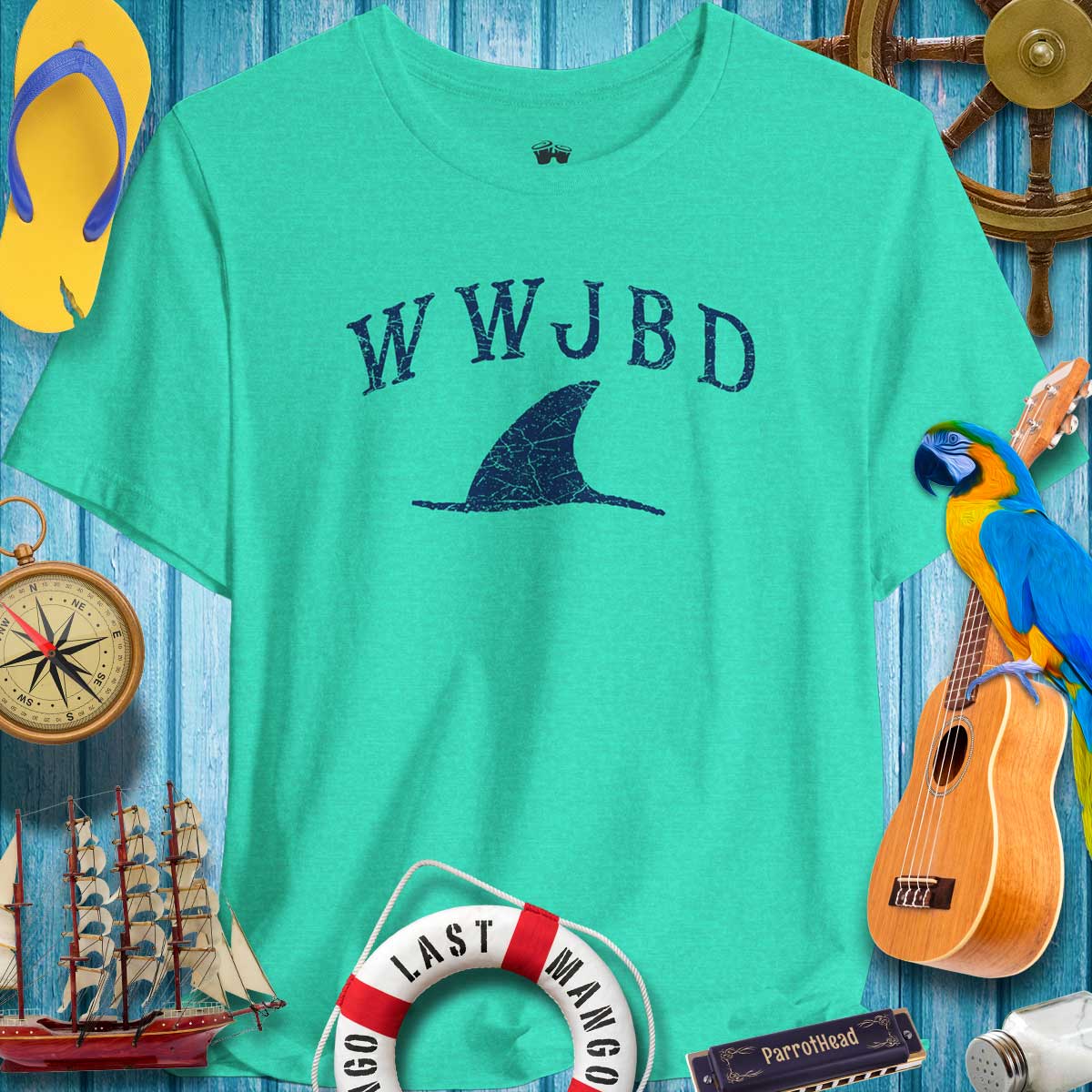 WWJBD Shark Fin Unisex Tee in teal, perfect for ParrotHeads and casual beach outings.