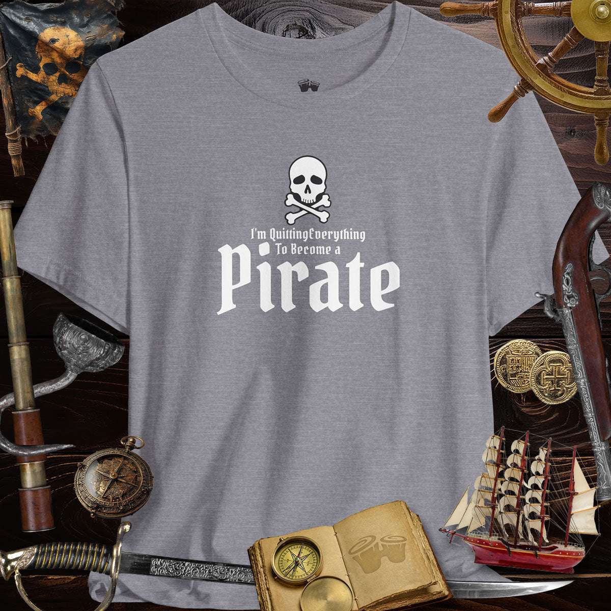 Jolly Roger Pirate Funny Unisex T-Shirt with Skull and Crossbones design for adventurous spirits.