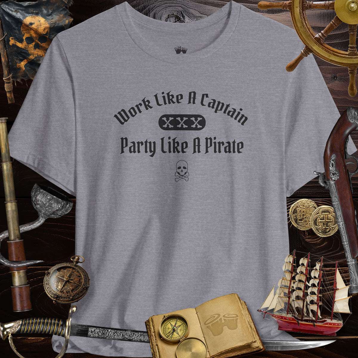 Pirate Party 3001c Bella Canvas T-Shirt with 'Work Like A Captain, Party Like A Pirate' slogan on pirate-themed background.