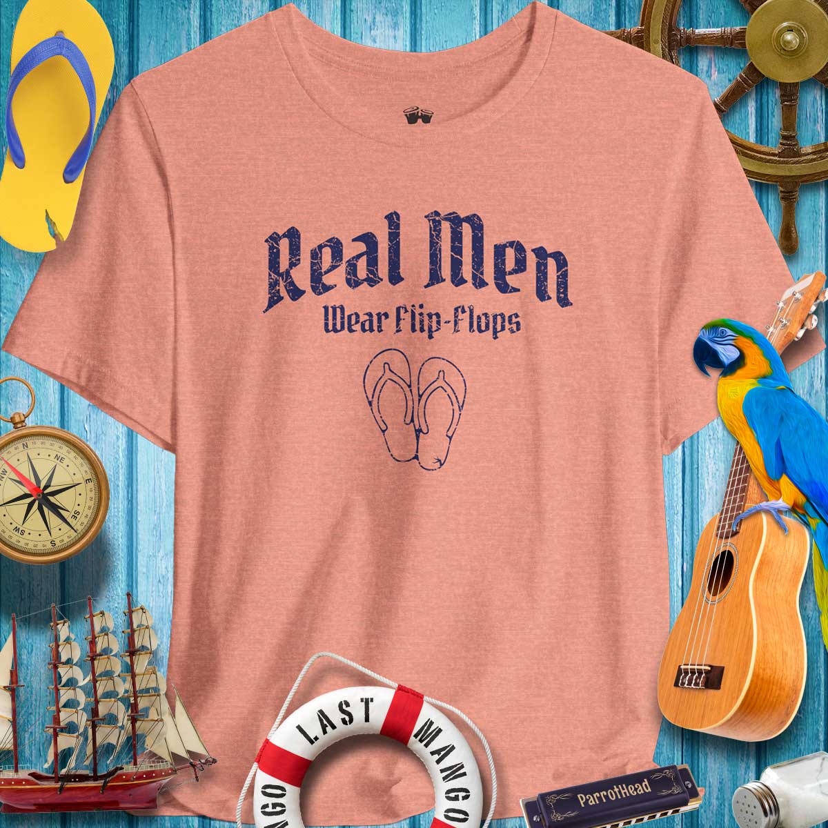 Real Men Wear Flip-Flops Bella Canvas T-Shirt in coral, perfect for ParrotHeads and summer fun.