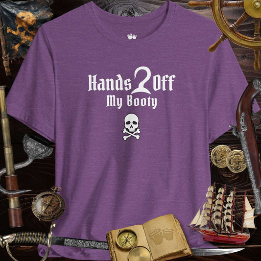 Hands Off My Booty Graphic Tee - Fun unisex pirate shirt with skull design, perfect for costume parties and pirate-themed events.
