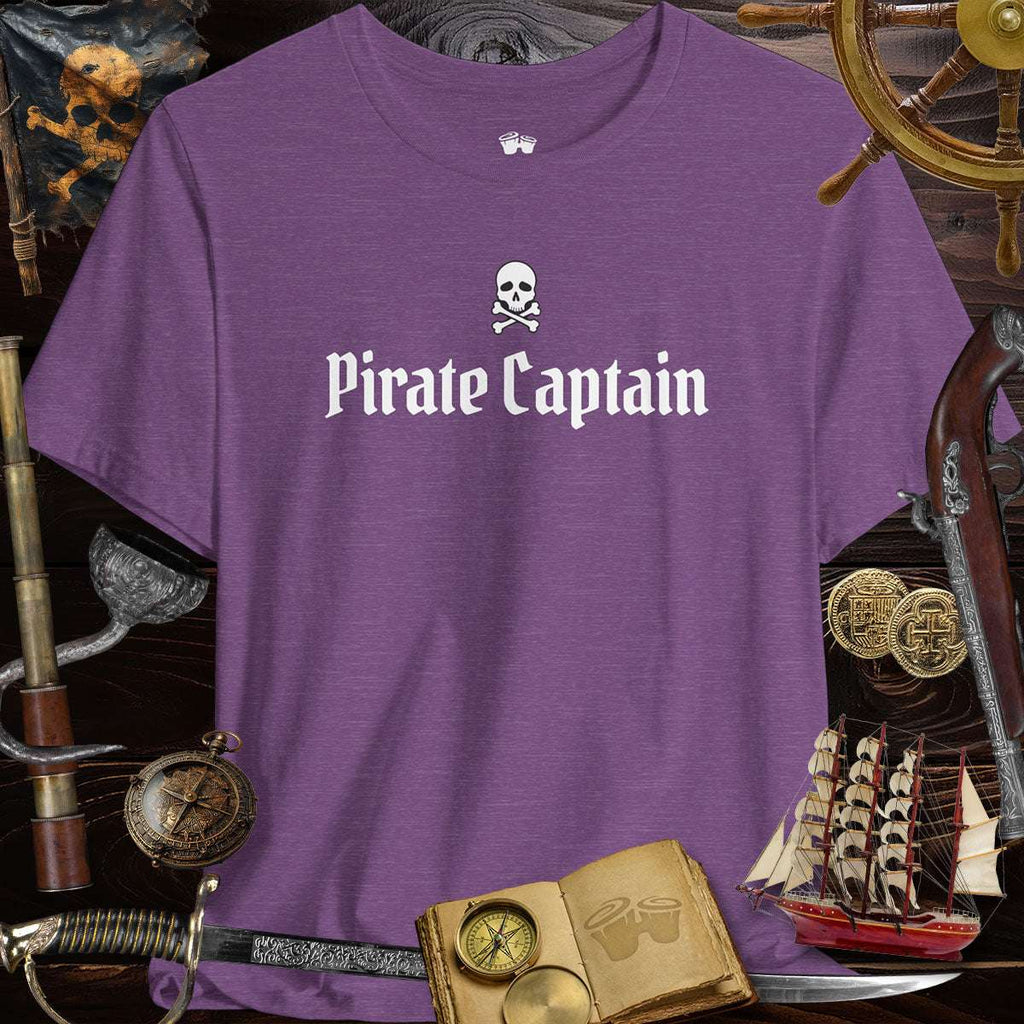 Pirate Captain Unisex 3001c Bella Canvas Tee in purple with pirate theme accessories.