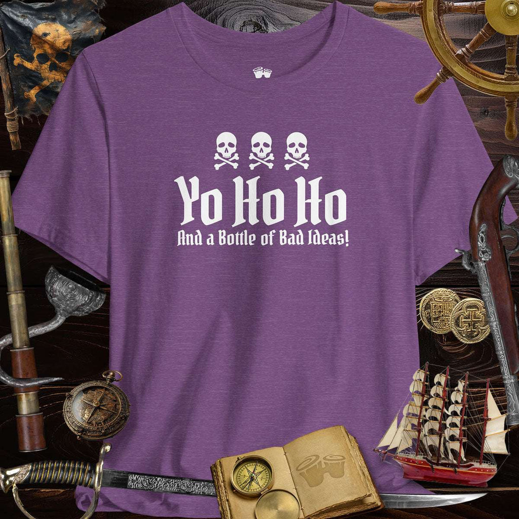 Yo Ho Ho And A Bottle Of Bad Ideas Skulls Graphic Tee for Pirate Lovers on a nautical-themed background.