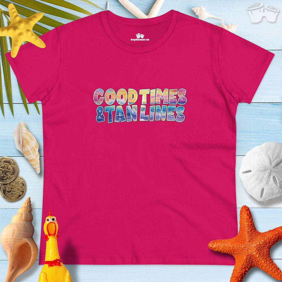 Bright pink Good Times & Tan Lines women's t-shirt great for beach lovers and tropical vacations.