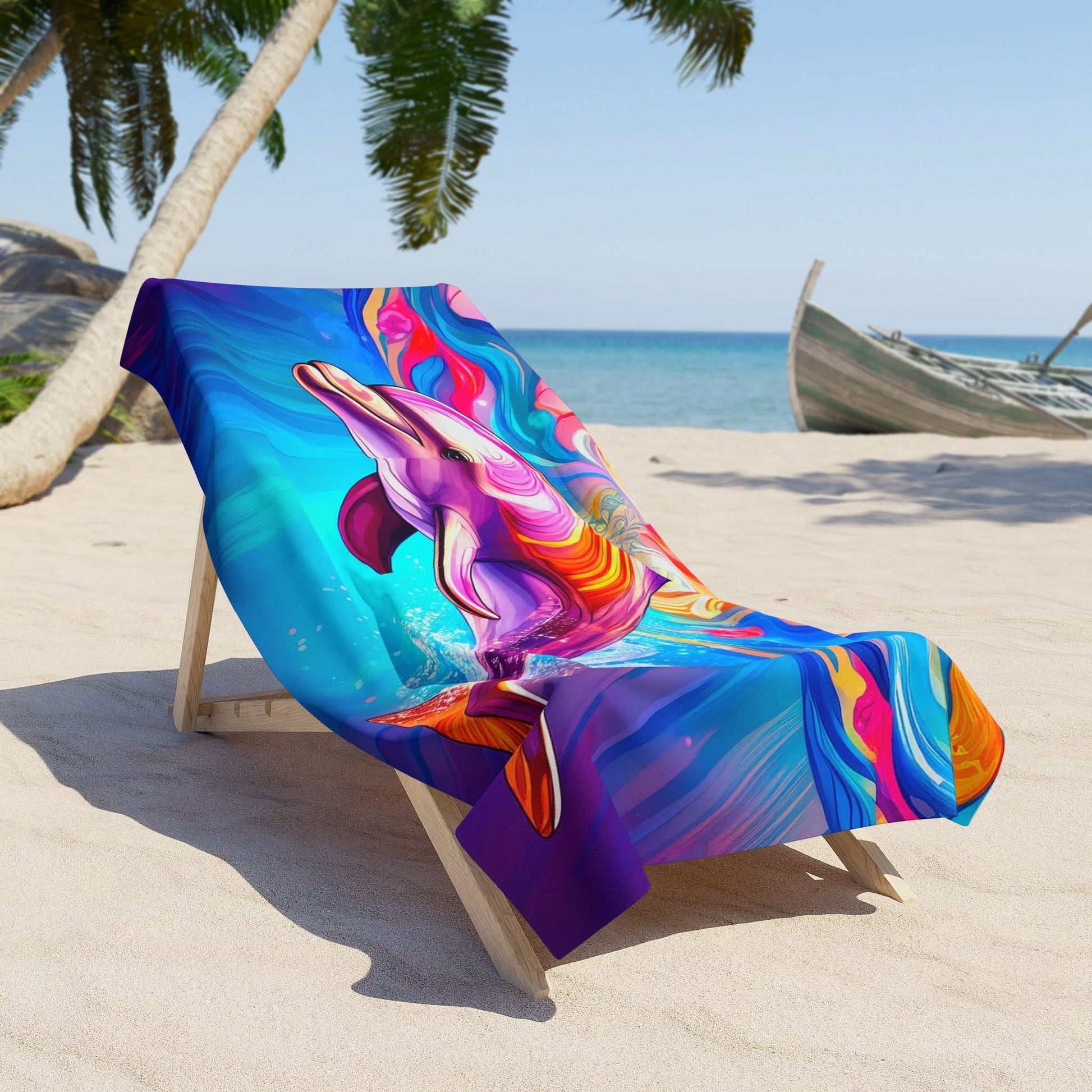 psychedelic color dolphin on a large beach towel laying on a lounger next to a palm tree and an old fishing boat.