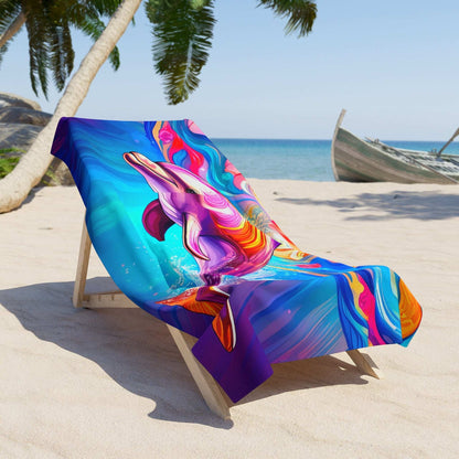 psychedelic color dolphin on a large beach towel laying on a lounger next to a palm tree and an old fishing boat.