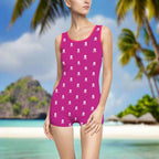 Fun Pirate Pattern on a vintage style Hot Pink one piece bathing suit. Looking for Treasure 