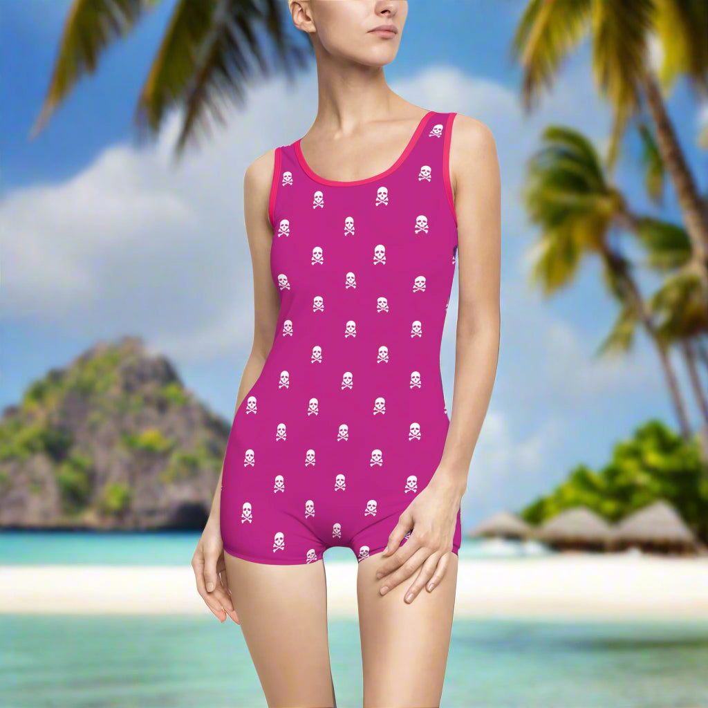 Fun Pirate Pattern on a vintage style Hot Pink one piece bathing suit. Looking for Treasure 