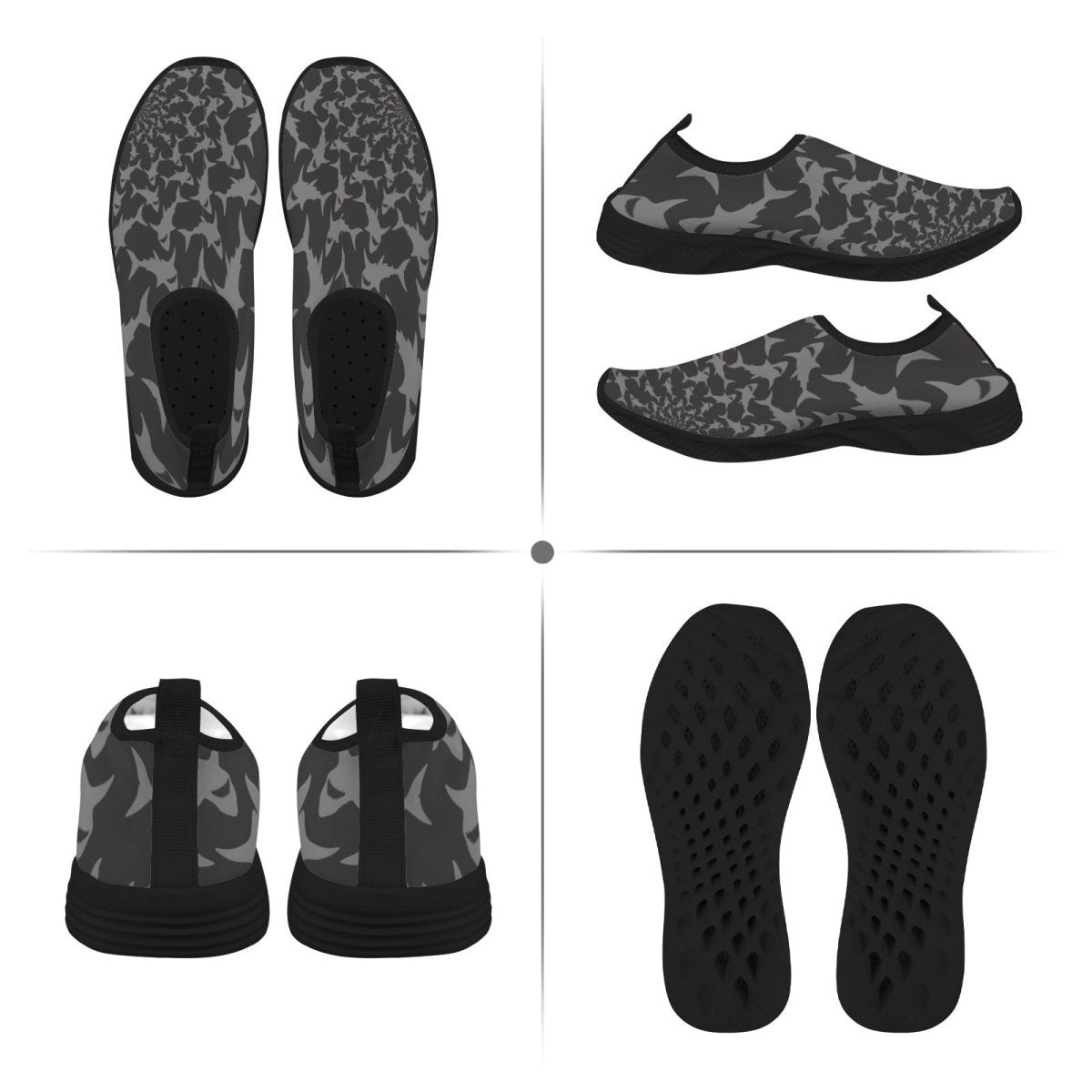 A four-panel product layout showing a pair of slip-on water shoes from multiple angles: top-down, side profile, back view, and sole view. The shoes have a gray and black shark pattern with black soles and heel tabs, set against a white background.