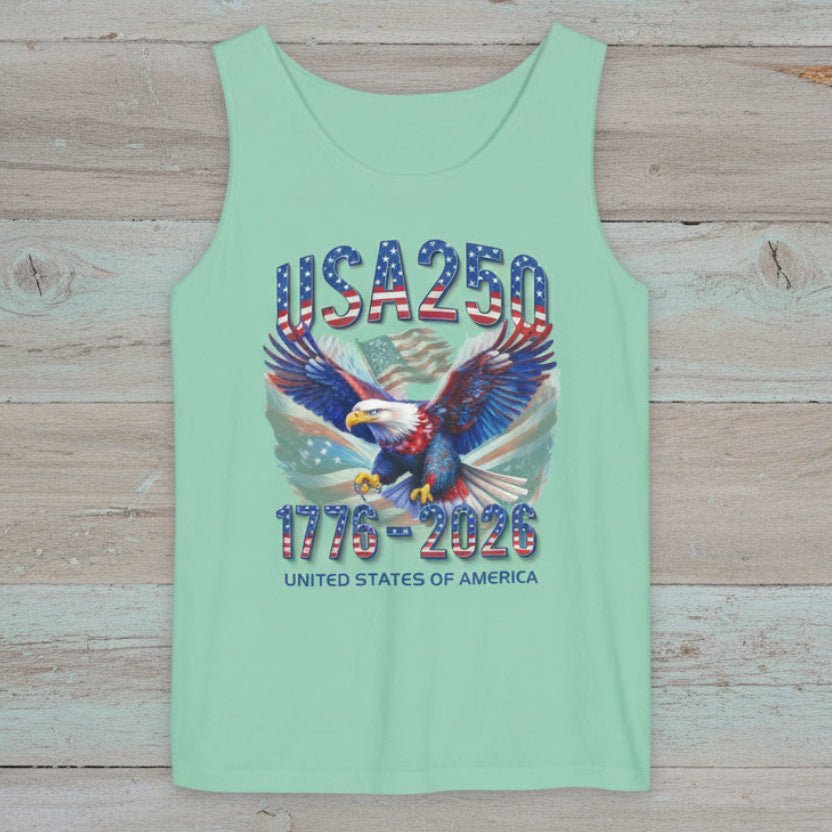 Mint green tank top with eagle graphic and 'USA 250' text on a rustic nautical wood background