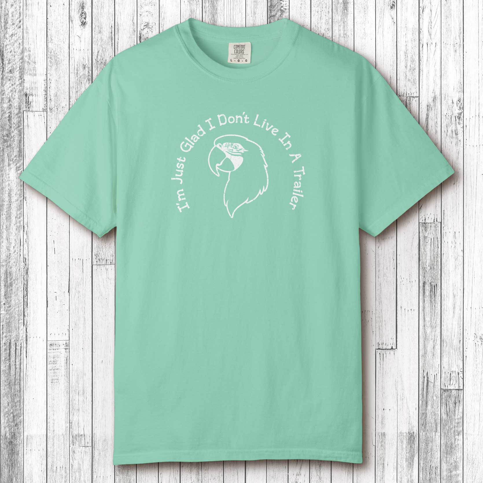 Mint green t-shirt with white graphic and text on a wooden surface