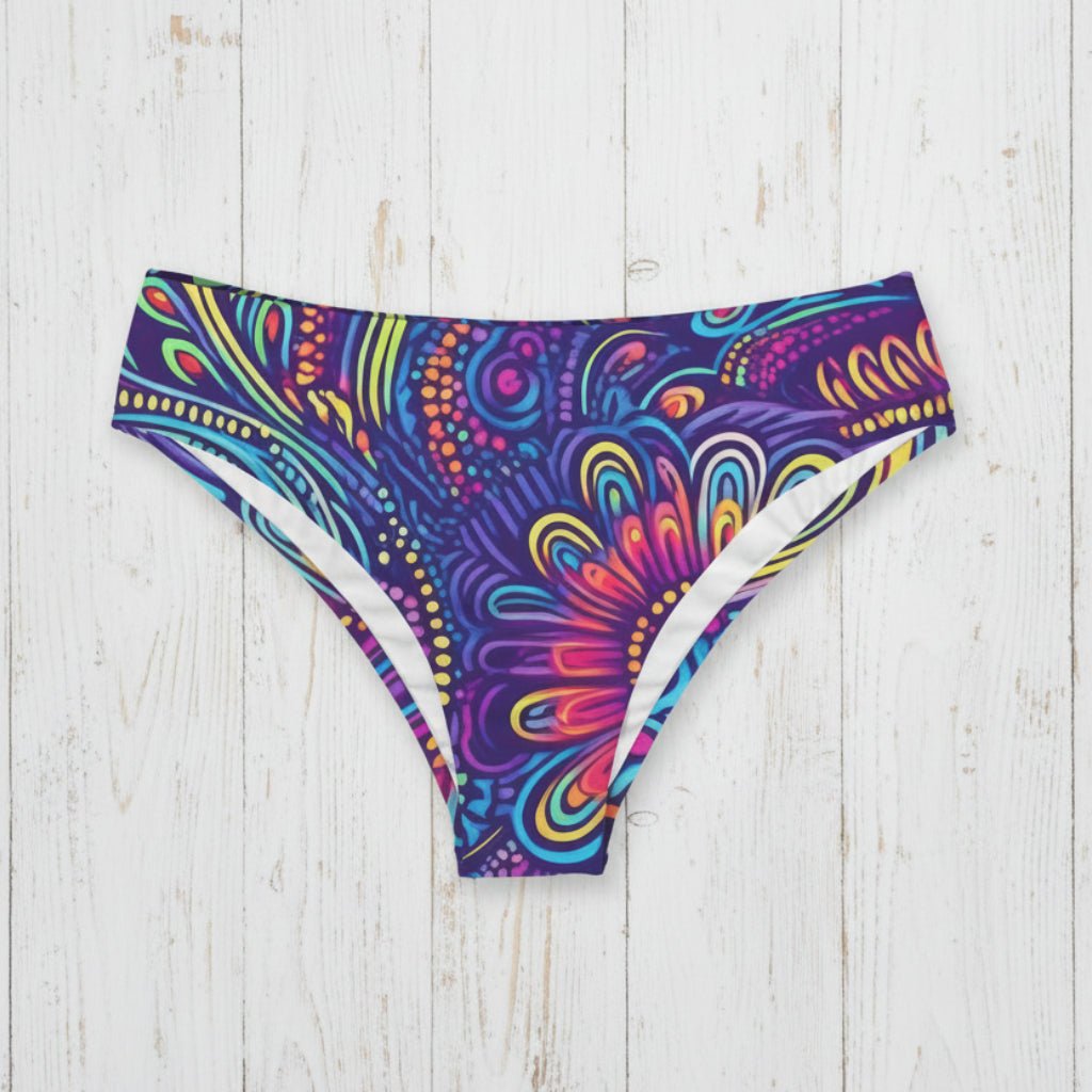 Colorful patterned bikini bottom on a white background