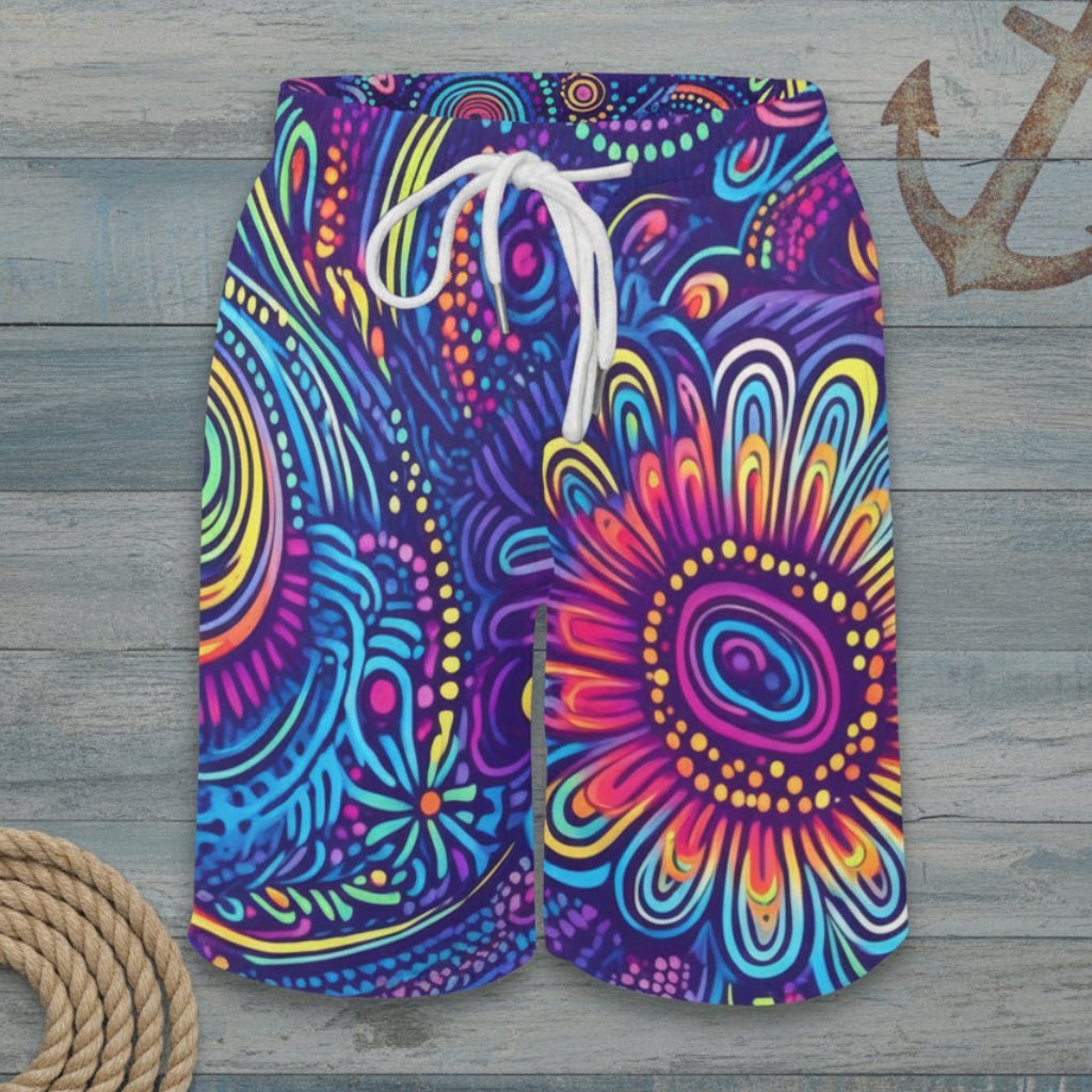 Colorful patterned shorts with a drawstring on a nautical wood background