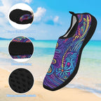 A single water shoe floating over a beach background, with three circular inset detail images on the left showing the flexible sole, breathable lining, and water-permeable outsole. The shoe has a colorful psychedelic pattern in purple, blue, yellow, and orange with a black sole.