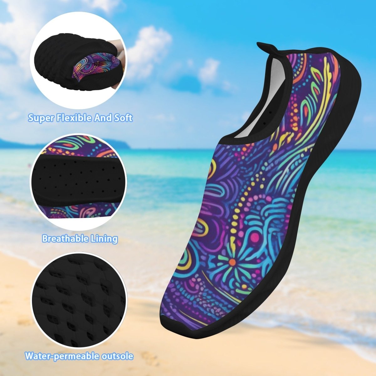 A single water shoe floating over a beach background, with three circular inset detail images on the left showing the flexible sole, breathable lining, and water-permeable outsole. The shoe has a colorful psychedelic pattern in purple, blue, yellow, and orange with a black sole.