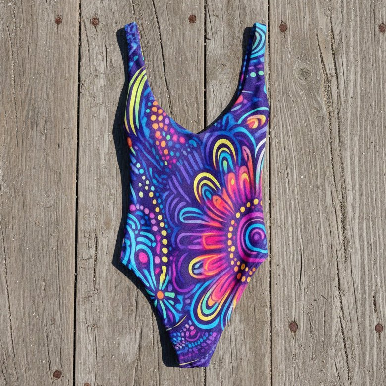 Colorful one-piece swimsuit with a vibrant island tribal pattern on a rustic wood deck.