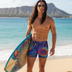 Man holding a colorful surfboard with a Diamond Head Mountain and Waikiki beach in the background