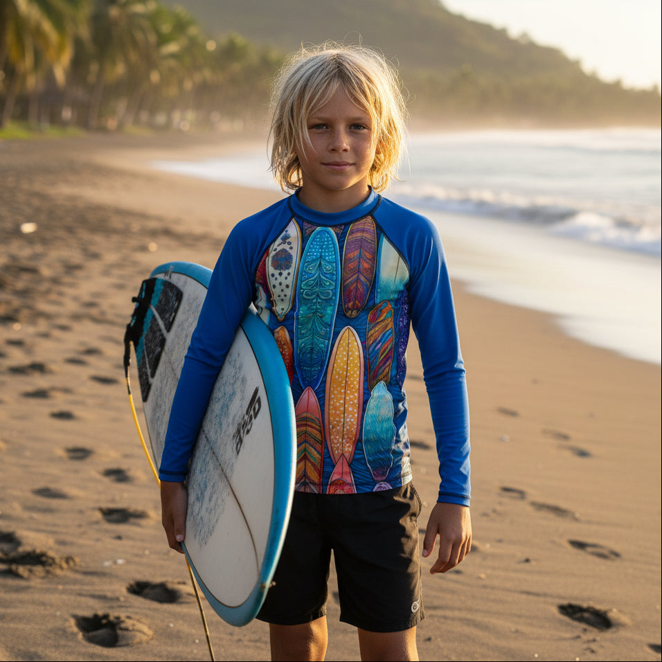 Tween Surfer dude in long-sleeve UPF 50 rash guard with bright blue sleeves and a colorful graphic print. Ready for surfing lessons on Jaco Beach Costa Rica