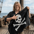 Man holding a pirate flag on a ship deck with ocean and sky in the background