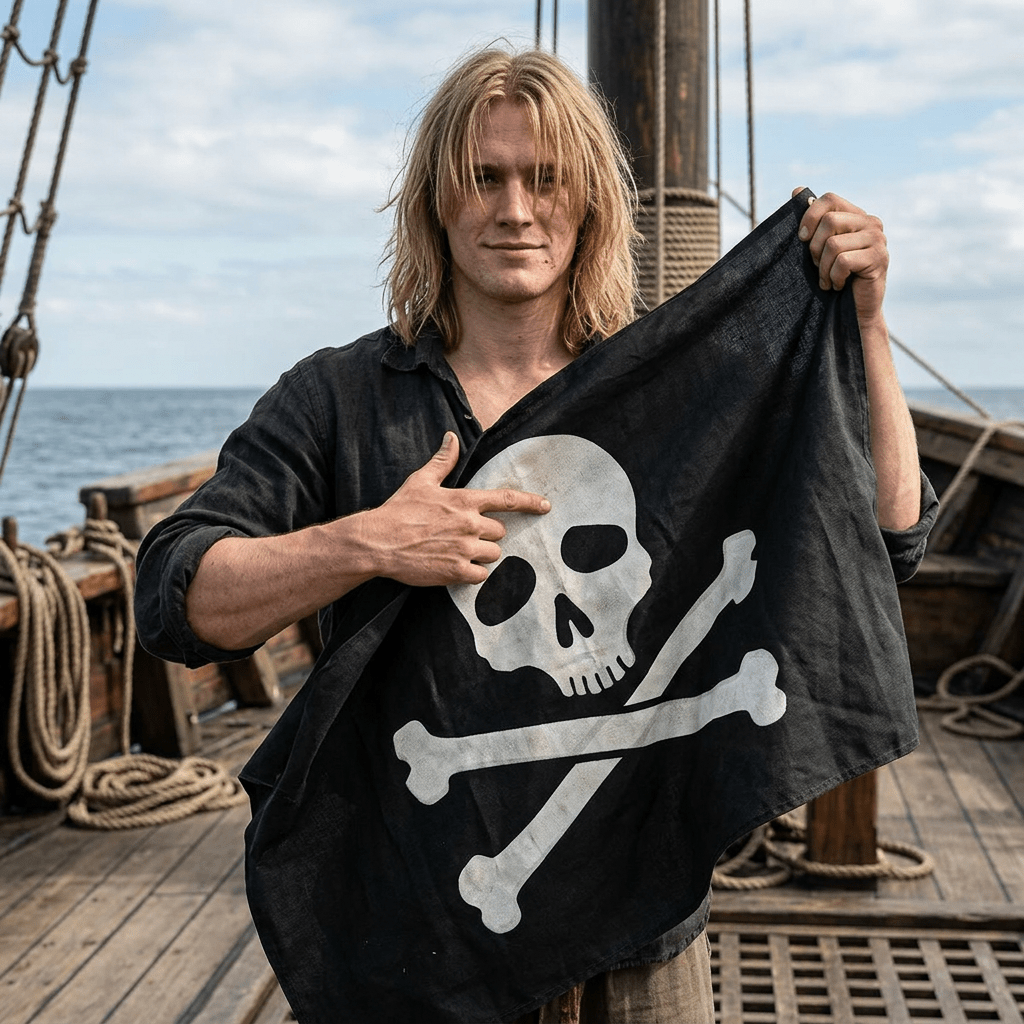 Man holding a pirate flag on a ship deck with ocean and sky in the background