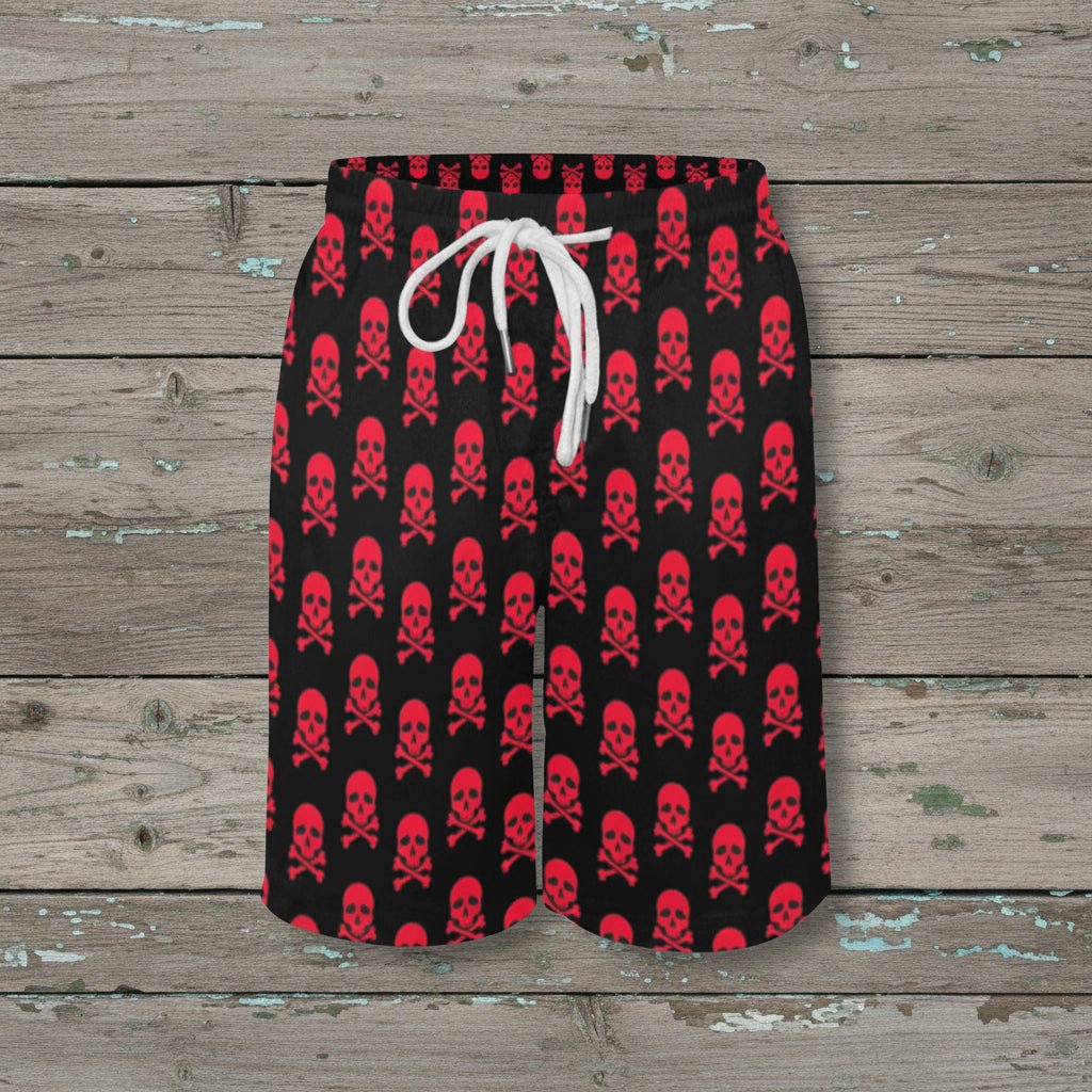 Black shorts with red skull and crossbones pattern on a nautical wood background